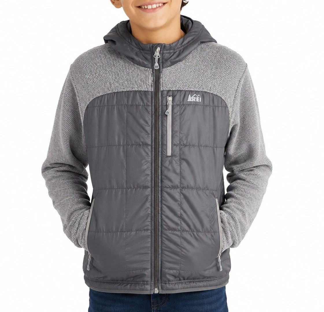 REI Boys XL Gray Hooded Hybrid Puffer Fleece Jacket Full Zip Outdoor Coat