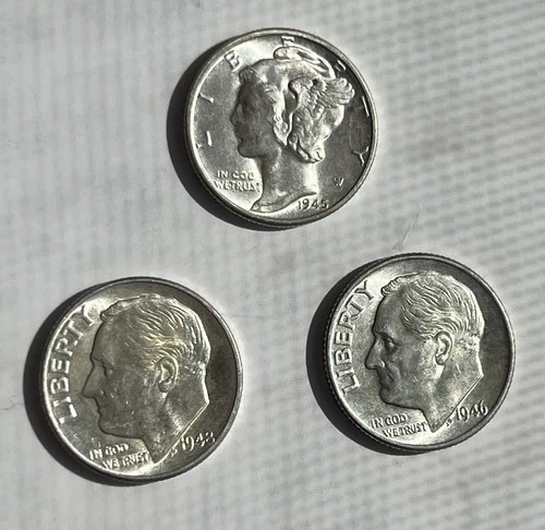 1946 x 2, 1948 x 1   Roosevelt Dimes ,  90% Silver, ( 1 No Mint Marks 2 D ) VF