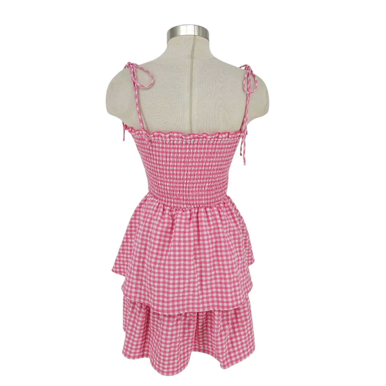 VALENTINO Abito svasato Zara a strati aderente rosa gingham senza maniche scollo quadrato smoked medio