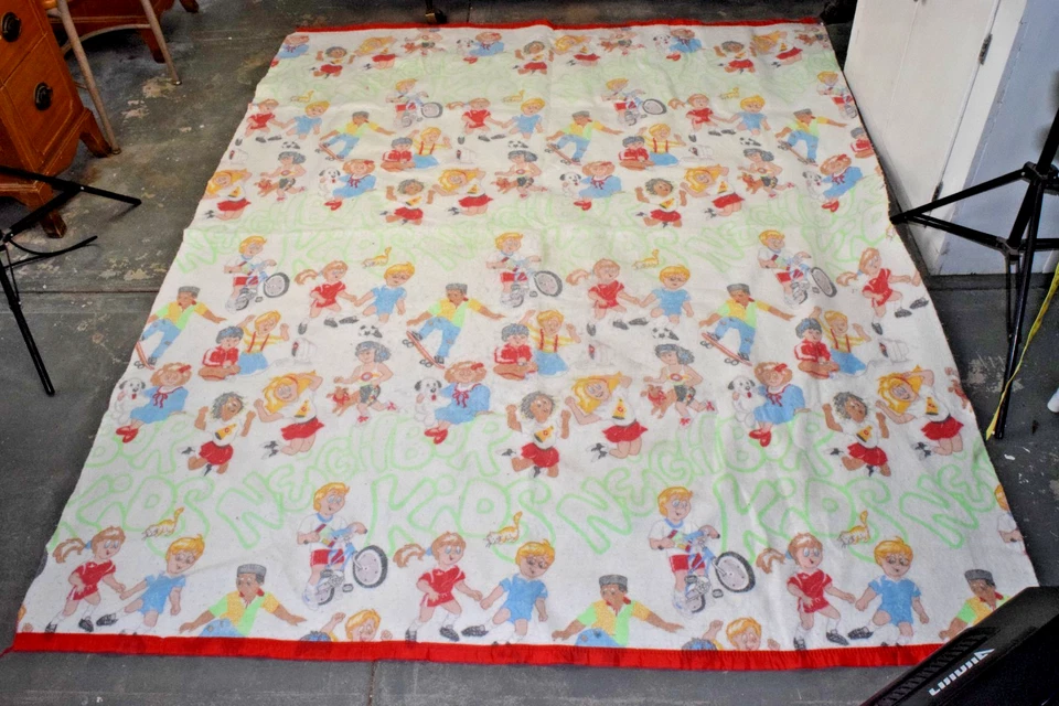 Vintage Blanket Twin Size 80s Neighbor Kids Playing Sports Acrylic Made USA - Image 4 of 4