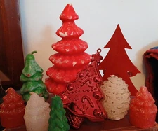 CHRISTMAS TREE SHAPED LOT: Candles-Foil Ornament-Metal Candle Holder