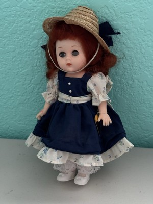 Vintage A Real Vogue Doll 8'' Ginny 1985 Doll Blue Floral Dress Straw Hat Tag