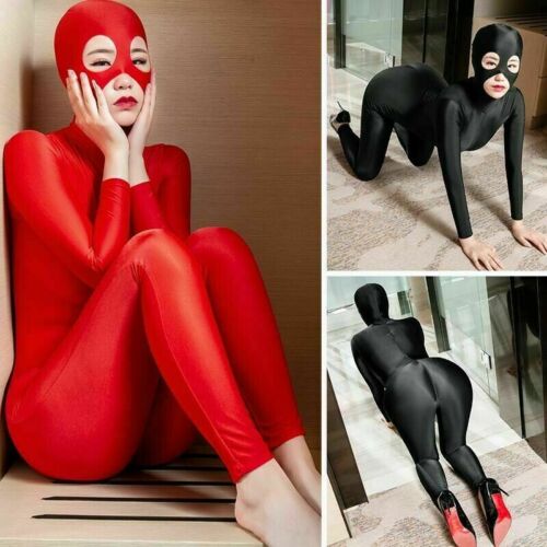 Sexy Lycra Bodysuit Unitard 2-Way Zipper Jumpsuit Catsuit W/mask Queen Clubwear - Picture 1 of 14