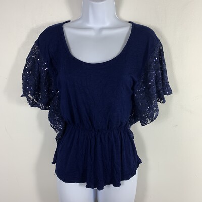 Rue 21 Top sz M Navy Blue Flutter Sleeves Sequins Y2K Night Out Glam Whimsigoth