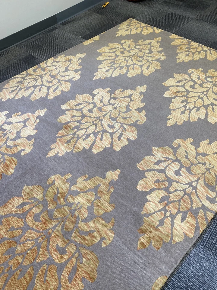 Tibetan oriental Area Rug  carpet gray gold silk & wool hand Knotted Damask. - Image 3 of 4