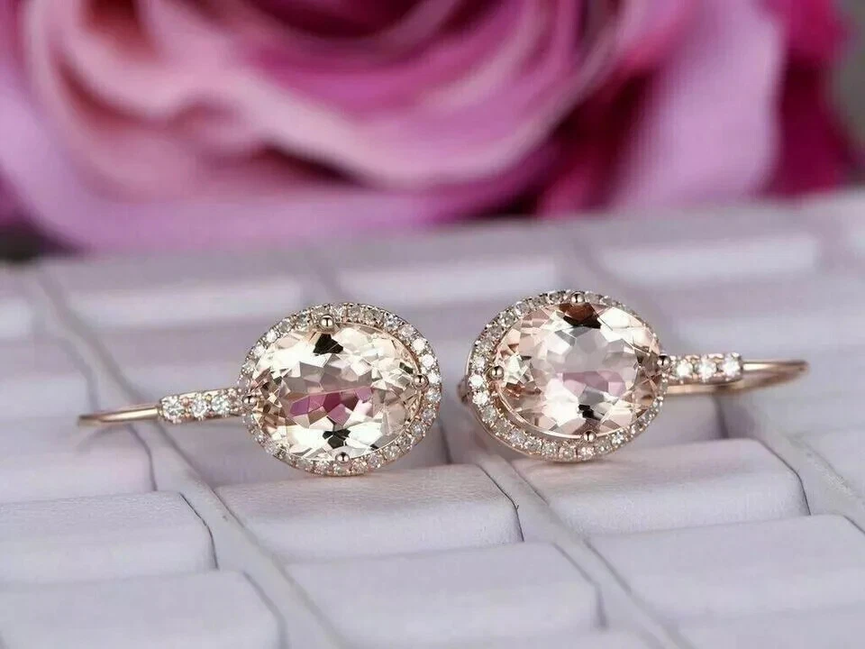 3CT Oval Cut Lab Created Morganite Diamond Women's Earrings 14K Rose Gold Plated - Image 4 of 4