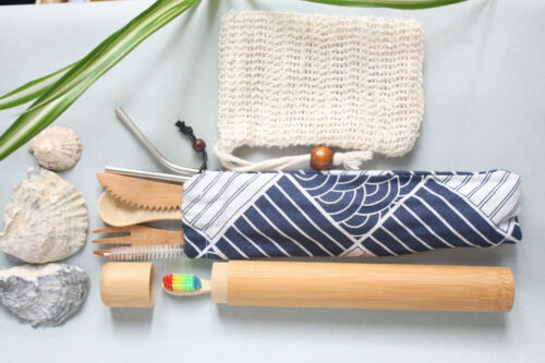Eco Zero Waste Travel Set Bamboo ToothBrush + Case Cutlery Set Picnic Straw Gift - Picture 1 of 10