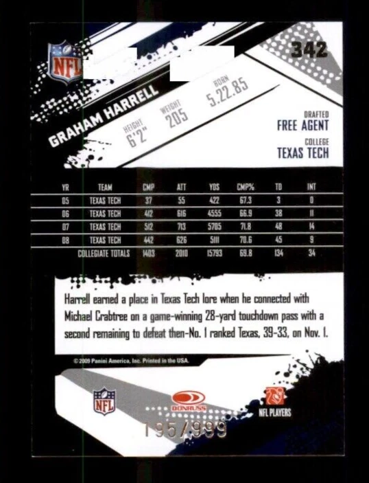 2009 Score Inscriptions #342 Graham Harrell RC 195/999 - Image 2 of 2