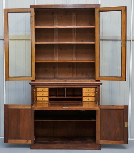 CIRCA 1880 LIGHT MAHOGANY LIBRARY BOOKCASE SECRETAIRE DESK BROWN LEATHER SURFACE - Picture 5 of 12