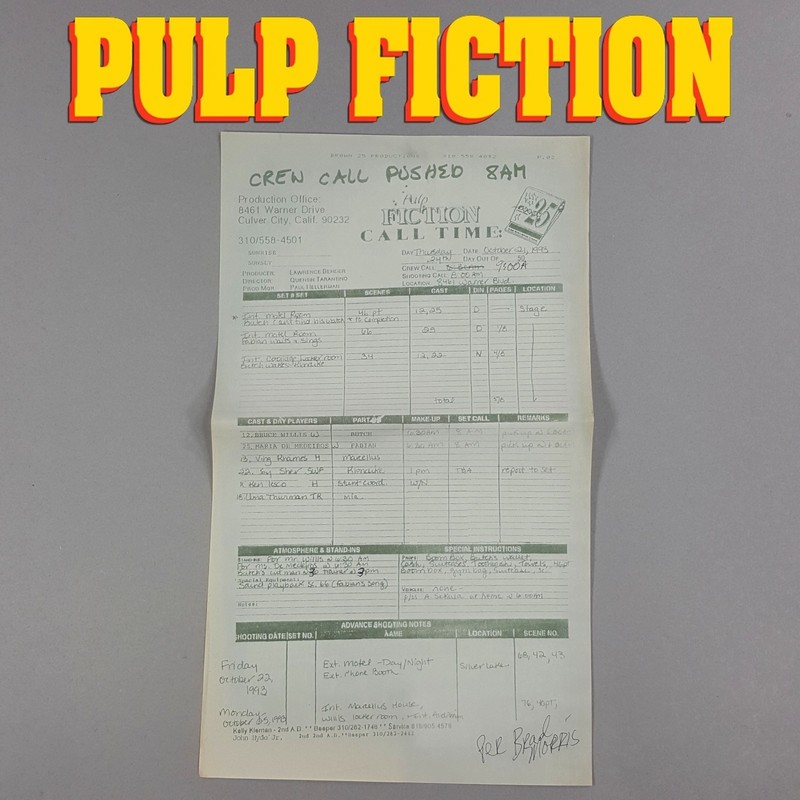 Image 14 of Pulp Fiction Movie Call Sheet - Bruce Willis in Motel Room with Fabian, Prop COA