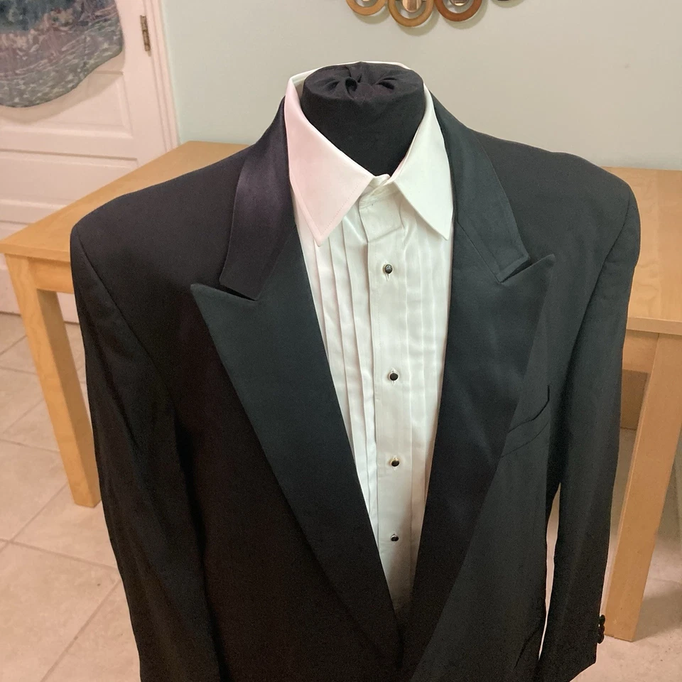 Men's Lord West Black Tuxedo Jacket Black Satin Peaks Lapelle 100% Wool 46XL - Image 2 of 4