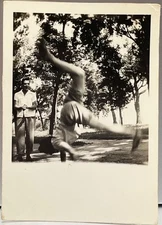 Woman in Motion Doing Handstand Legs in Air Vintage Snapshot Photo 1930s