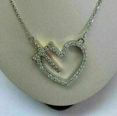 1.50 Ct Round Cut Real Moissanite Heart Cross Pendant 14K White Gold Plated
