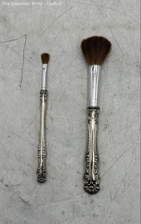 Silver Plated Ornate Designer Makeup Powder Brushes Set Of 2