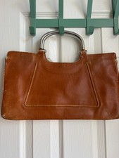 VINTAGE ITALIAN Genuine Brown Leather Clutch Multi With Metal Straps