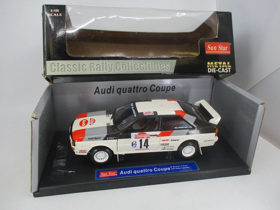 AX594 SUN STAR 1/18 1:18 AUDI QUATTRO RALLYE SAN REMO 1981 MOUTON #14 REF 4183 - Photo 2/4