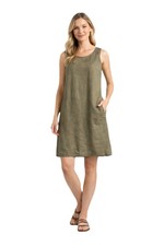 Tahari 100% Linen Olive Green Shift Dress Pockets Sleeveless L