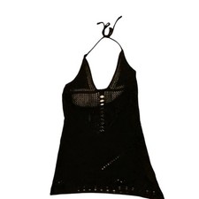 Vtg Crochet Swim Cover Up Sz S Black Halter Sleeveless Beach Pullover
