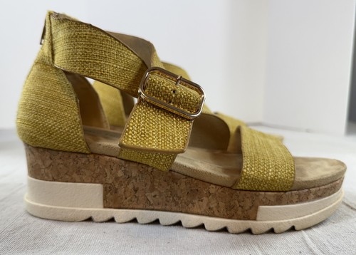 Pierre Dumas Yellow Cork Wedge Sandals Size 9 Zip Back Strappy Buckle Comfort - Picture 4 of 7
