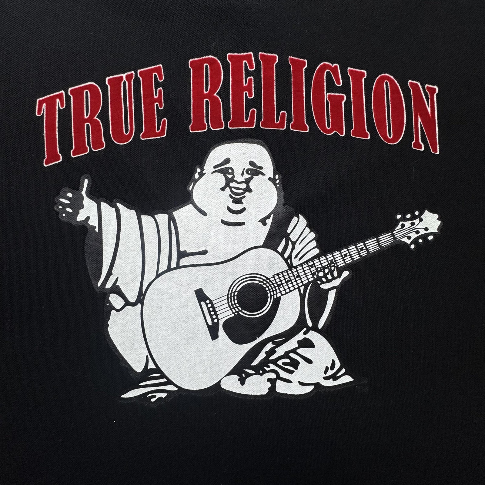 True Religion Polo Shirt Mens 2XL Black Buddha Guitar Logo Graphic 107125 thumbnail 7