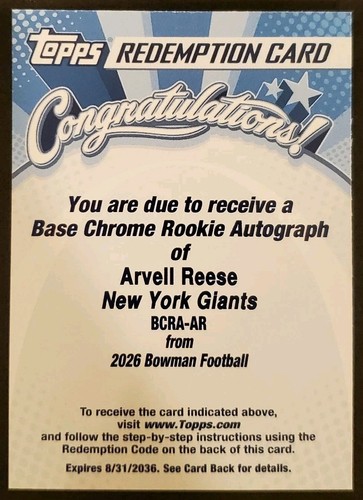 Arvell Reese – 2026 Bowman Football · Base Chrome Rookie Autographs #BCRA-AR Arvell Reese