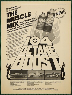 104+ Octane Boost Gas Fuel Additive Muscle Mix Vintage Print Ad 1982