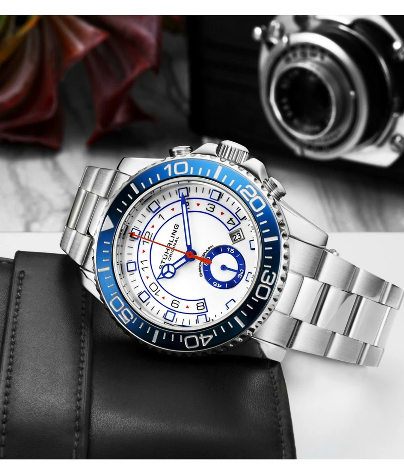 Reloj pulsera Stuhrling para hombre cronógrafo buzo esfera blanca bisel azul plata Foto 3 de 4