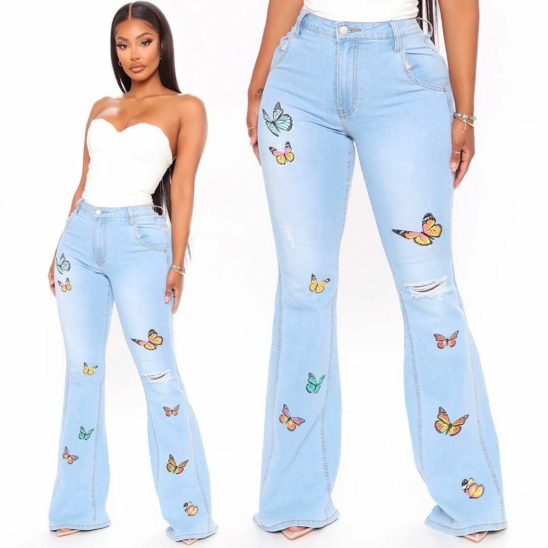 New Stylish Women Embroidered Patchwork Casual Wide Leg Jeans Denim Pants  Bottom