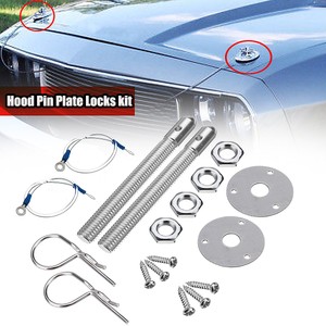 Car Vehicle Engine Security Hood Lock Pin Locks Wire Cable Kit Set Silver