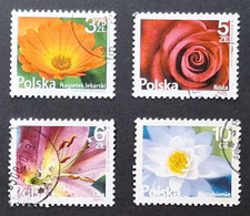 Polen: Obst und Blumen; Topf Ringelblume / Lilie / Seerose / Rose; fein gebraucht
