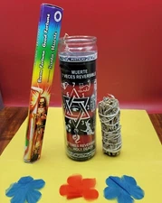 Candle Santa Muerte 7-Veces Reversible, Red & black veladora with sage & incense