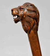 Wooden Walking Stick Cane Lion Head Handle Animal Hand Wood Replica Carved