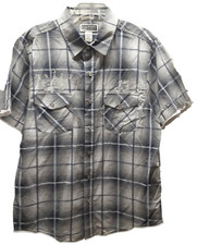 Route 66 Shirt Men's Size L Short Sleeve Blue Gray White Plaid Cotton Button Up