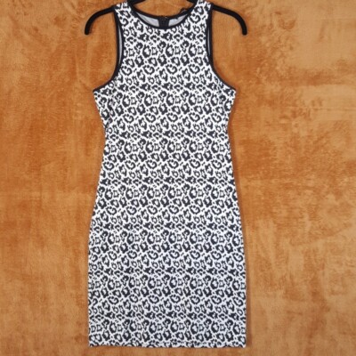 TIBI Sheath Dress Womens Size 4 Black White Snow Leopard Knit Sleeveless Tank