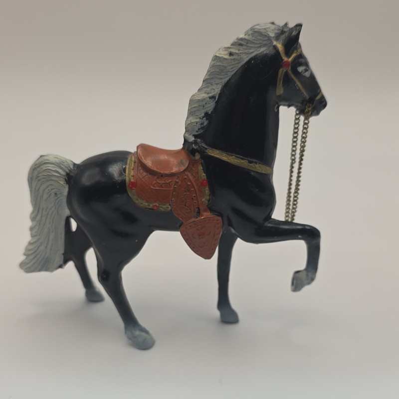 Vintage Plastic Horse Figurine with Brown Saddle and Chain Reins Saddle