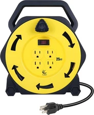 Retractable Extension Cord Reel with 25 FT Power Cord,Hand Wind,16/3 AWG, 4 Grou