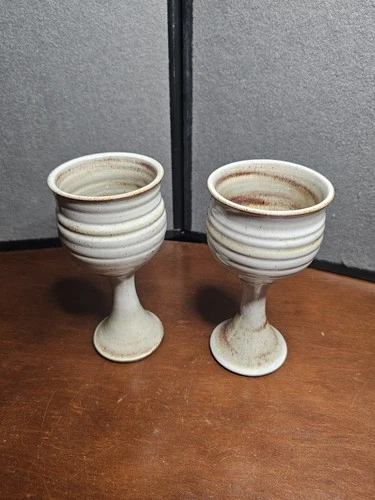 Classy Cool Pair Vintage Deneen Pottery White With Brown Goblets