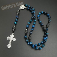 Collar Rosario San Benito Ojo de Tigre Azul Piedra de Lava Negro Ónix Crucifijo Cruz