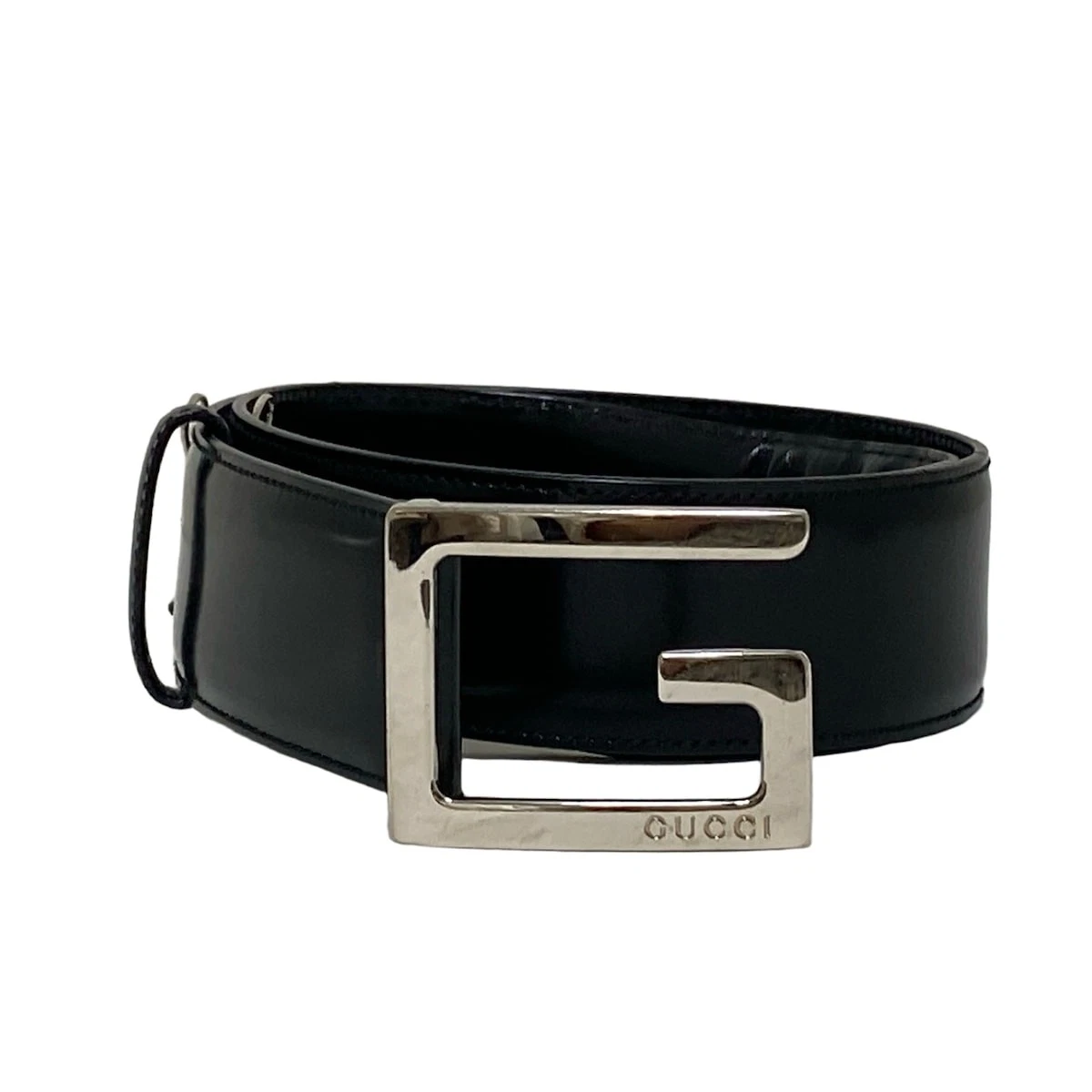 Auth GUCCI   Ceinture quincaillerie en cuir noir argenté