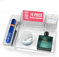 15-Piece Clear Plastic Drawer Organizer Set for Versatile Storage Solutions