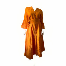 Women’s Orange Solid V-Neck Long Balloon Sleeve Tie Waist Belted Midi Dress