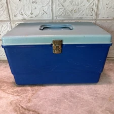 H•Vintage Large 2 Tone Blue Plastic Sewing Box with Storage Trays