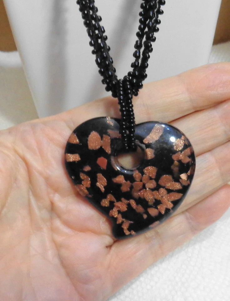 Vintage 15 inch Black & Brown Murano Glass Heart Choker Necklace 3 inch extender - Image 2 of 4