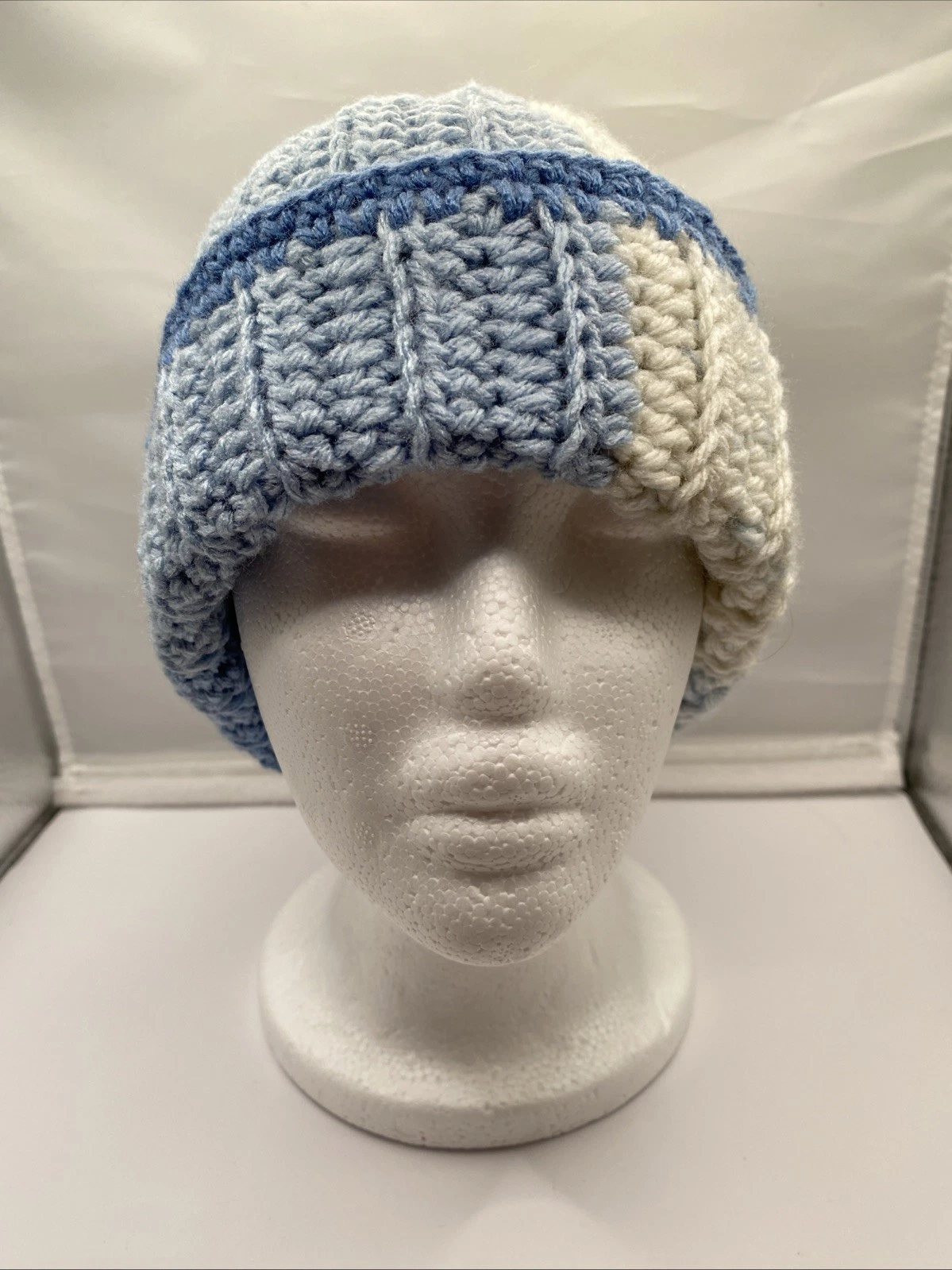 Handmade Crochet Beanie Ombre Shades Of Blue, Unisex Adult