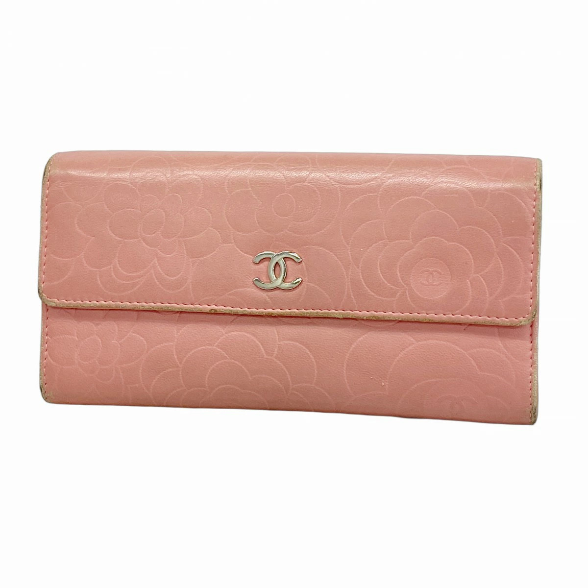 5gd5003 h CHANEL Long Wallet Camellia Lambskin Pink Silver Hardware Used Ladies