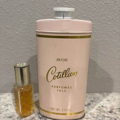 VINTAGE AVON Cotillion Perfumed Talc. Rose Gold Tin. Unique Find With Perfume