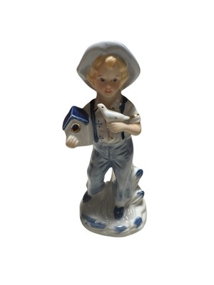 Vintage Porcelain White Blue and Gold Boy and Bird Figurine