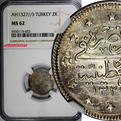 Turkey Mehmed V Silver AH1327//3 (1911) 2 Kurush NGC MS62 Toned KM# 749 (053)
