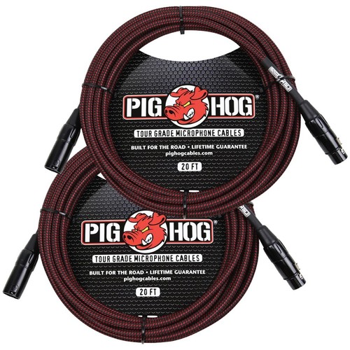 2 Pack Pig Hog Black & Red High Performance Woven XLR 20 ft Microphone Cable - Picture 2 of 3
