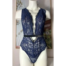 Victoria's Secret Navy Blue Black Velvet Floral Lace Teddy Bodysuit Size Large